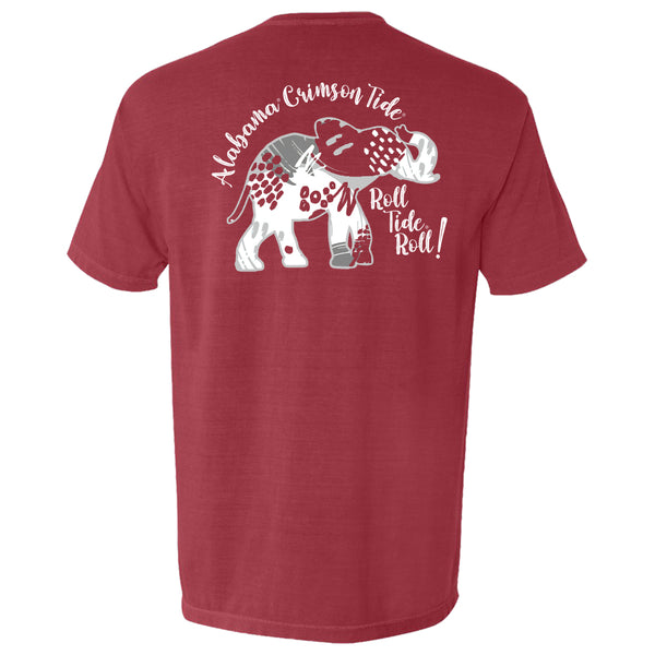 Abstract patterned elephant on women's Alabama Crimson Tide T-shirt in chili  red