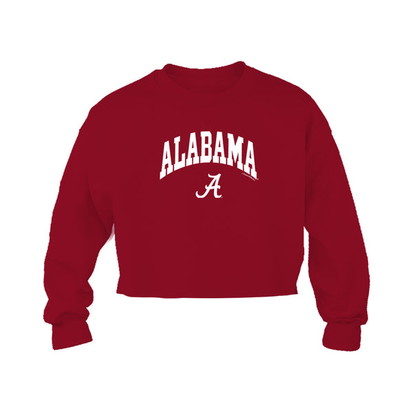 Block letter Alabama arched over Alabama's script A on red cropped women's Alabama Crimson Tide fleece  long-sleeve