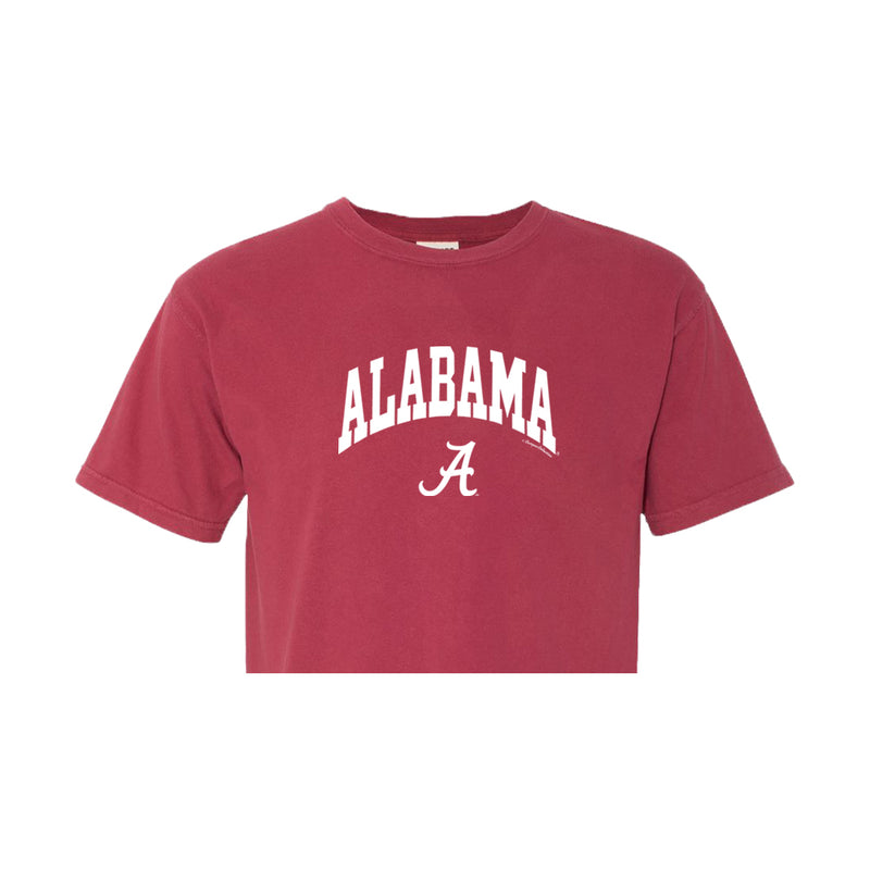 Block letter Alabama arched over Alabama's script A on red cropped women's Alabama Crimson Tide t-shirt