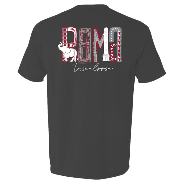 Design is the word bama made up of elephant, Bryant Denny, and grey and red dots and patterns on women's Alabama Crimson Tide short-sleeve T-Shirt. Shirt color is dark grey