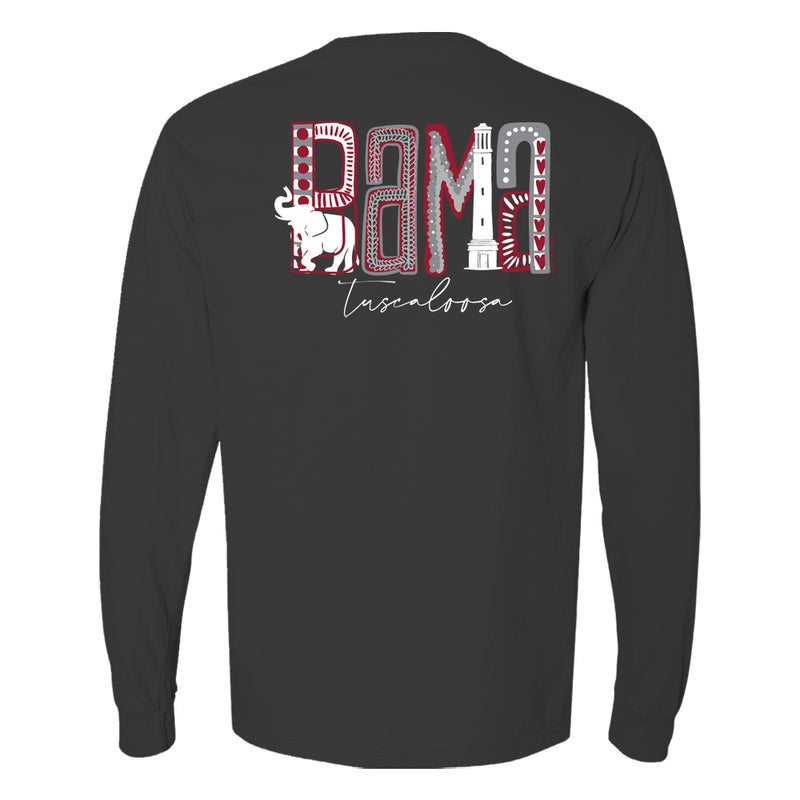 Design is the word bama made up of elephant, Bryant Denny, and grey and red dots and patterns  on women's Alabama Crimson Tide long-sleeve T-Shirt. Shirt color is dark grey