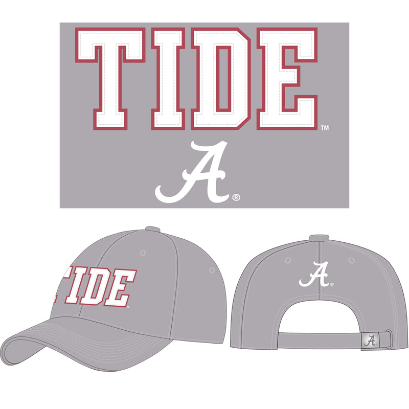 Unisex Alabama Crimson Tide Twill Cap with Felt Applique that says "Tide." Includes Script A. Hat color is grey. Felt is white with red border.