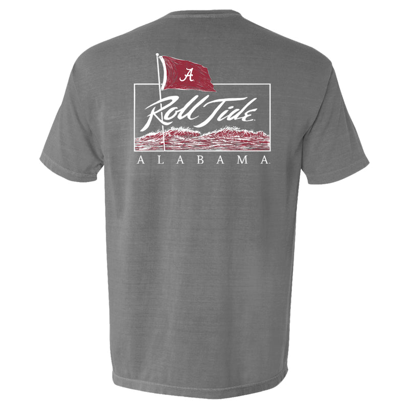 Alabama Crimson Tide Mens t-shirt with red waves, red flag and "Roll Tide." T-shirt color is grey. 