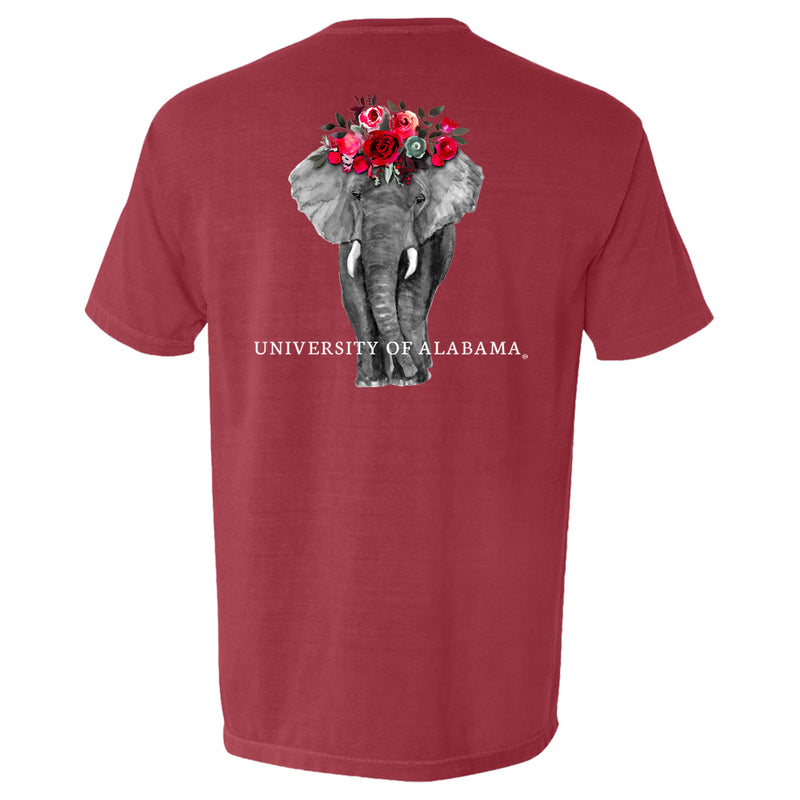 Alabama Crimson Tide Women's short-sleeve t-shirt with detailed 4-color picture of elephant with flower headdress.  T-shirt color is red. 