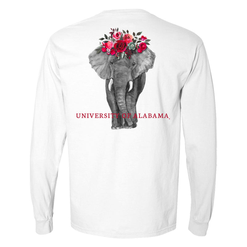 Alabama Crimson Tide Women's long-sleeve t-shirt with detailed 4-color picture of elephant with flower headdress.  T-shirt color is white. 