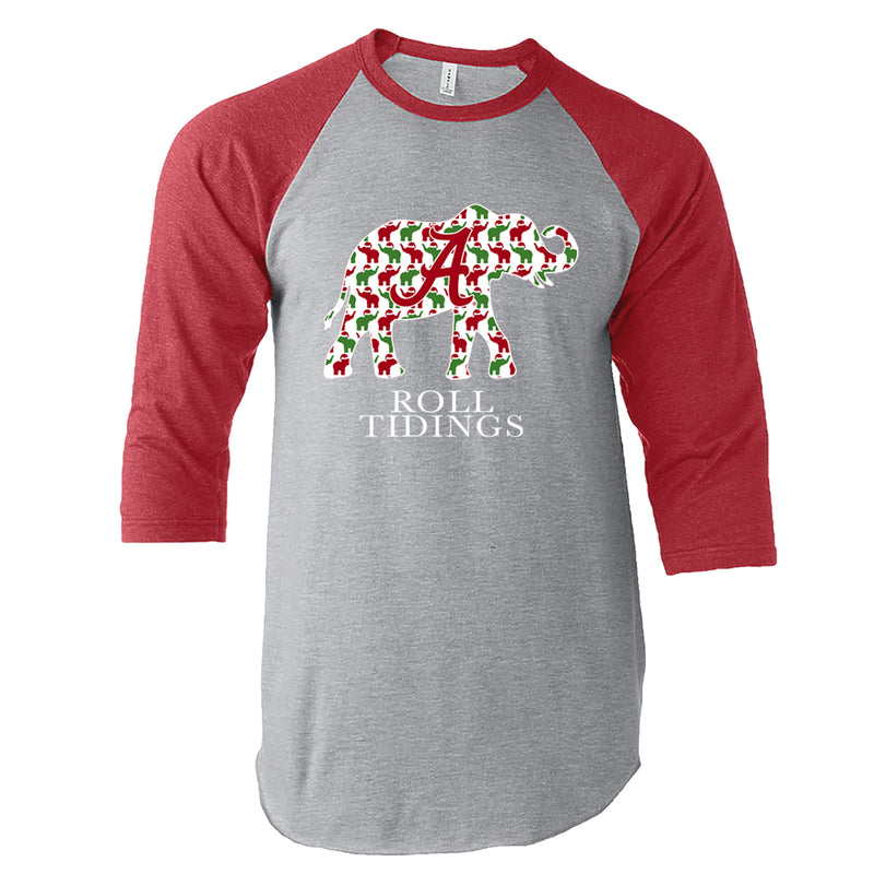 Alabama Crimson Tide women's t-shirt is Raglan-style 3 quarter length sleeve and features Alabama elephant with pattern of smaller red and green elephants. 