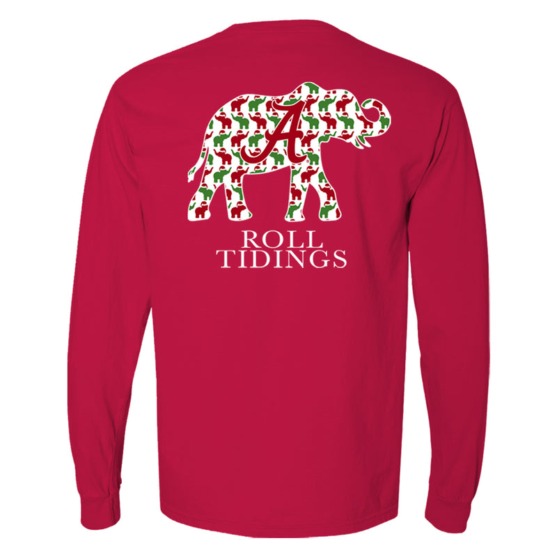 Alabama Crimson Tide women's t-shirt is long sleeve and features Alabama elephant with pattern of smaller red and green elephants. Shirt is red.
