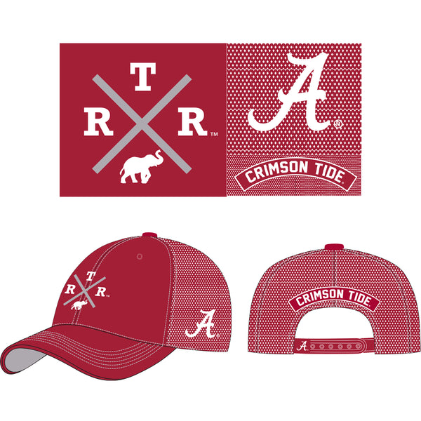 Unisex Alabama Crimson Tide Embroidered trucker hat in crimson. Design features R.T.R. and elephant. Adjustable Poly Mesh Trucker Cap with Embroidery and Applique