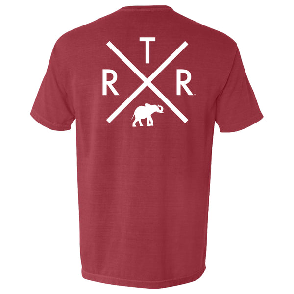 Alabama Crimson Tide Mens t-shirt with R.T.R and elephant in white. Short-sleeve T-shirt color is red. 