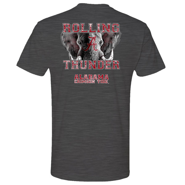 Men's Crimson Tide Football t-shirt features four-color elephant head and phrase "rolling thunder."  Shirt is short sleeve and color is grey.