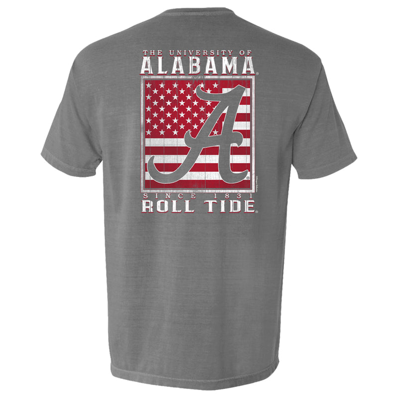 Men's Crimson Tide Football short sleeve t-shirt features wooden-style American Flag with Alabama Script A.  Shirt is short sleeve and color is grey.