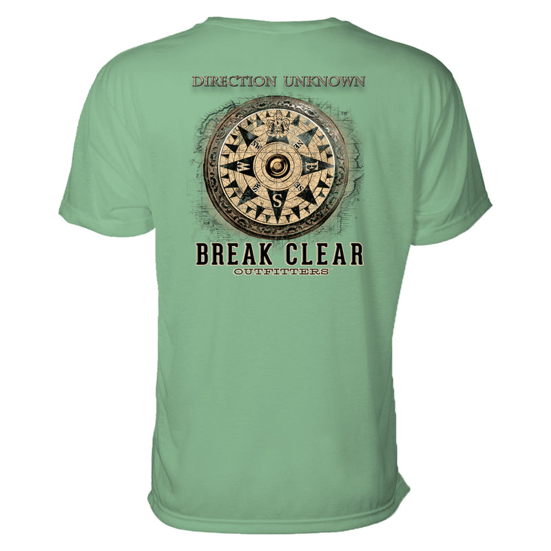 An old fashioned nautical compass is the focal of this men's outdoors t-shirt. Above the compass reads "direction unknown."