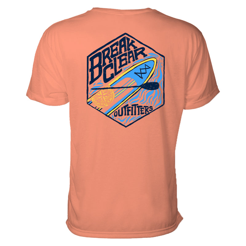 This men's outdoors shirt features a paddle board design in a pentagon shape. Ink colors are blue and yellows. 