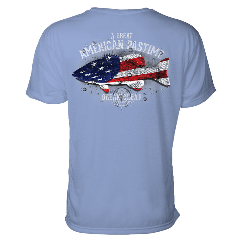 This fishing t-shirt features the words "A great American Pastime" and an illustration of a fish overlaid with the American flag.