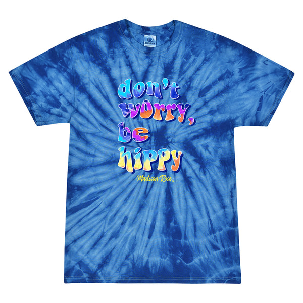 This juniors graphic tee has the phrase "don't worry be hippy" in psychedelic lettering and bright colors. The shirt appears to be tie-dyed in blues. 
