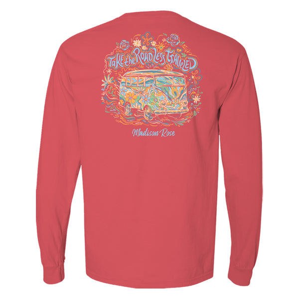 This cute women's t-shirt features a Volkswagen van graphically illustrated in a painterly fashion. Above the van reads "Take the road less traveled."   