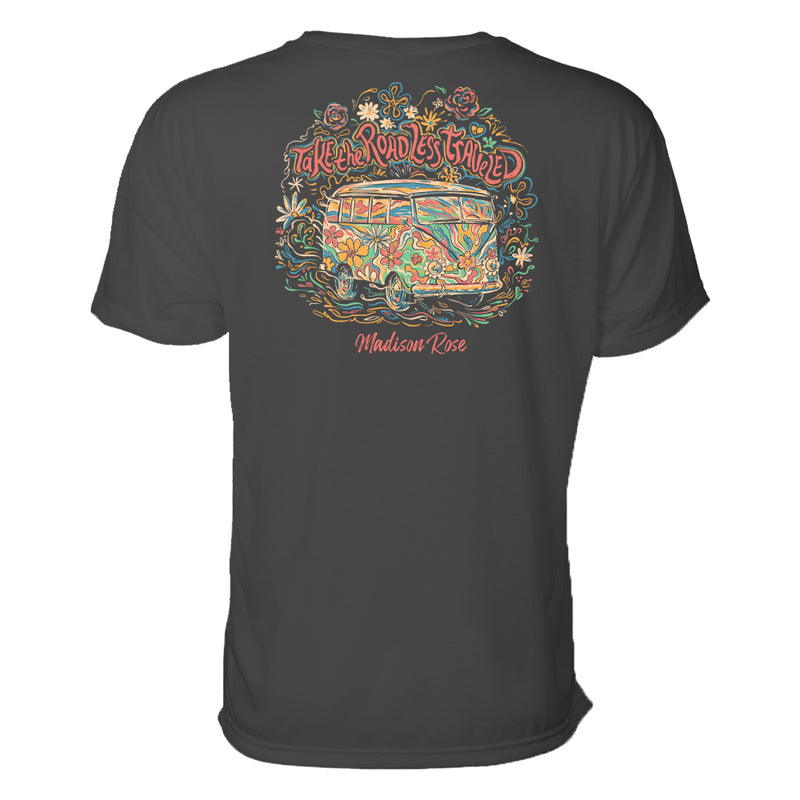 This cute women's t-shirt features a Volkswagen van graphically illustrated in a painterly fashion. Above the van reads "Take the road less traveled."