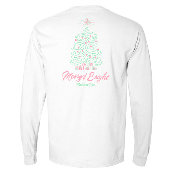 This cute women's Christmas shirt is adorned with an illustrated fat Christmas tree in green, with red dots for ornaments. Under the tree are gifts and the phrase "merry and bright" in red ink.