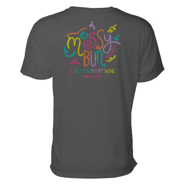 This cute women's t-shirt says "Messy Bun; Getting stuff done" in a painterly fashion with lively pastels complimenting a dark grey tee