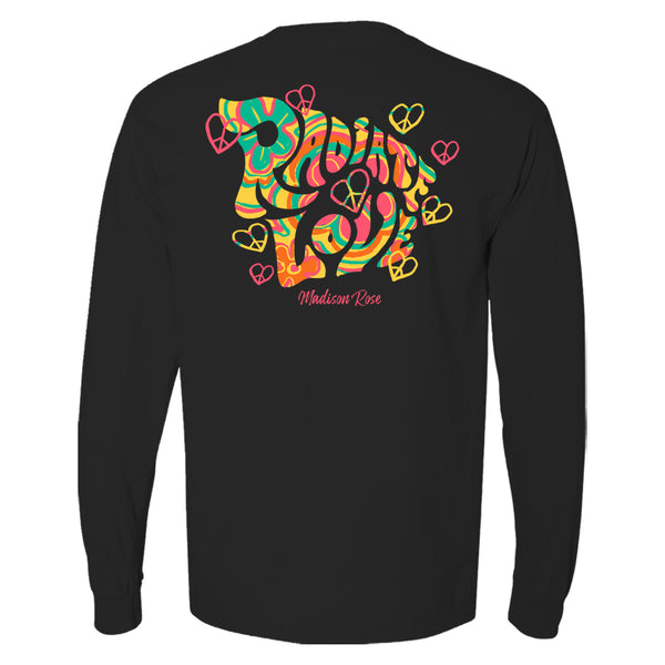 This cute women's t-shirt says "Radiate Love" in a psychedelic  fashion with peace symbol hearts and groovy colors.