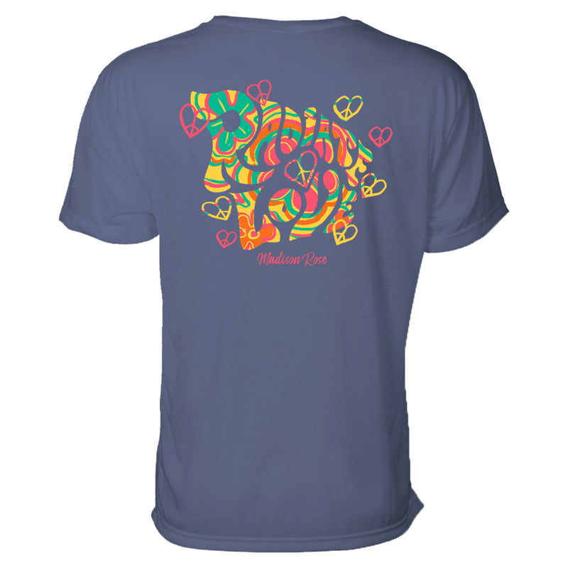 This cute women's t-shirt says "Radiate Love" in a psychedelic fashion with peace symbol hearts and groovy colors.