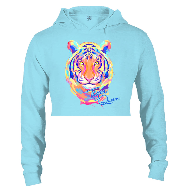 This tiger graphic cropped hoodie features a tiger head done in a painterly style with bright colors such as orange, yellow, pink, and blue. Under his chin to the right are the words "Tiger Queen."