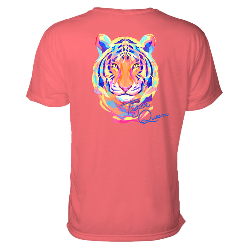 This tiger graphic tee features a tiger head done in a painterly style with bright colors such as orange, yellow, pink, and blue. Under his chin to the right are the words "Tiger Queen."