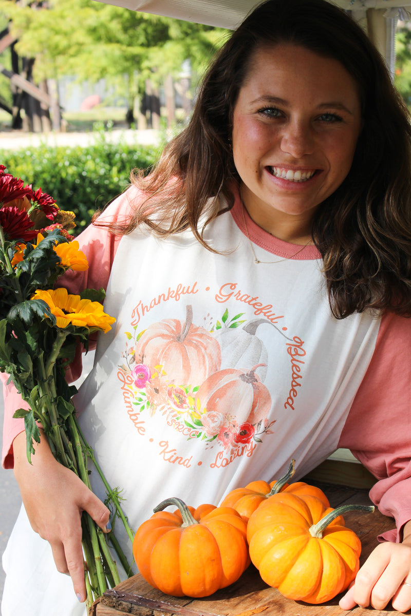 Pastel Pumpkins | Southern Raised Women's Three-Quarter Sleeve T-Shirt | Vintage White/Dusty Rose