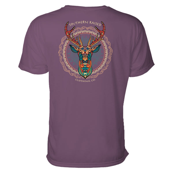 The deer head depicted on this southern t-shirt is illustrated in the boho style with rich jeweled colors 
