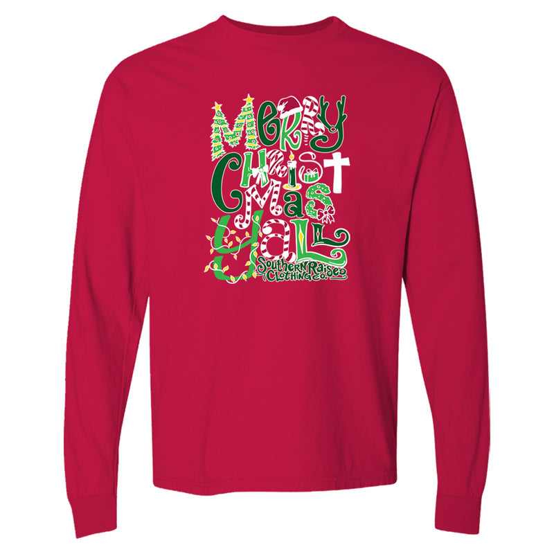 Merry Christmas Yall is a holiday t-shirt with seasonal colors and icons such as a cross, candles, wreaths, candy canes and more. 
