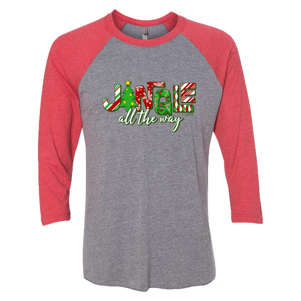This cute holiday t-shirt says "Jingle all the way." The lettering is bold and fun with holiday colors and seasonal patterns. 