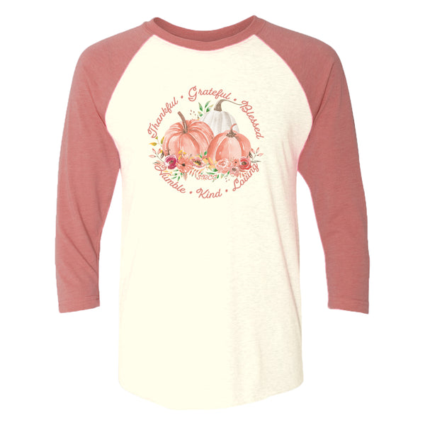 Southern t-shirt with 3 pastel pumpkins encircled by words thankful, grateful, blessed, humble, kind and loving