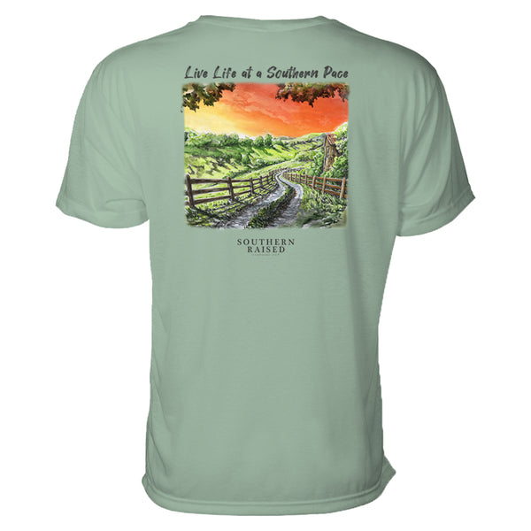 Southern t shirt slogan is "Live Life at a Southern Pace" and scene is winding country road in a field at sunset. Hanes tee is stonewashed green.